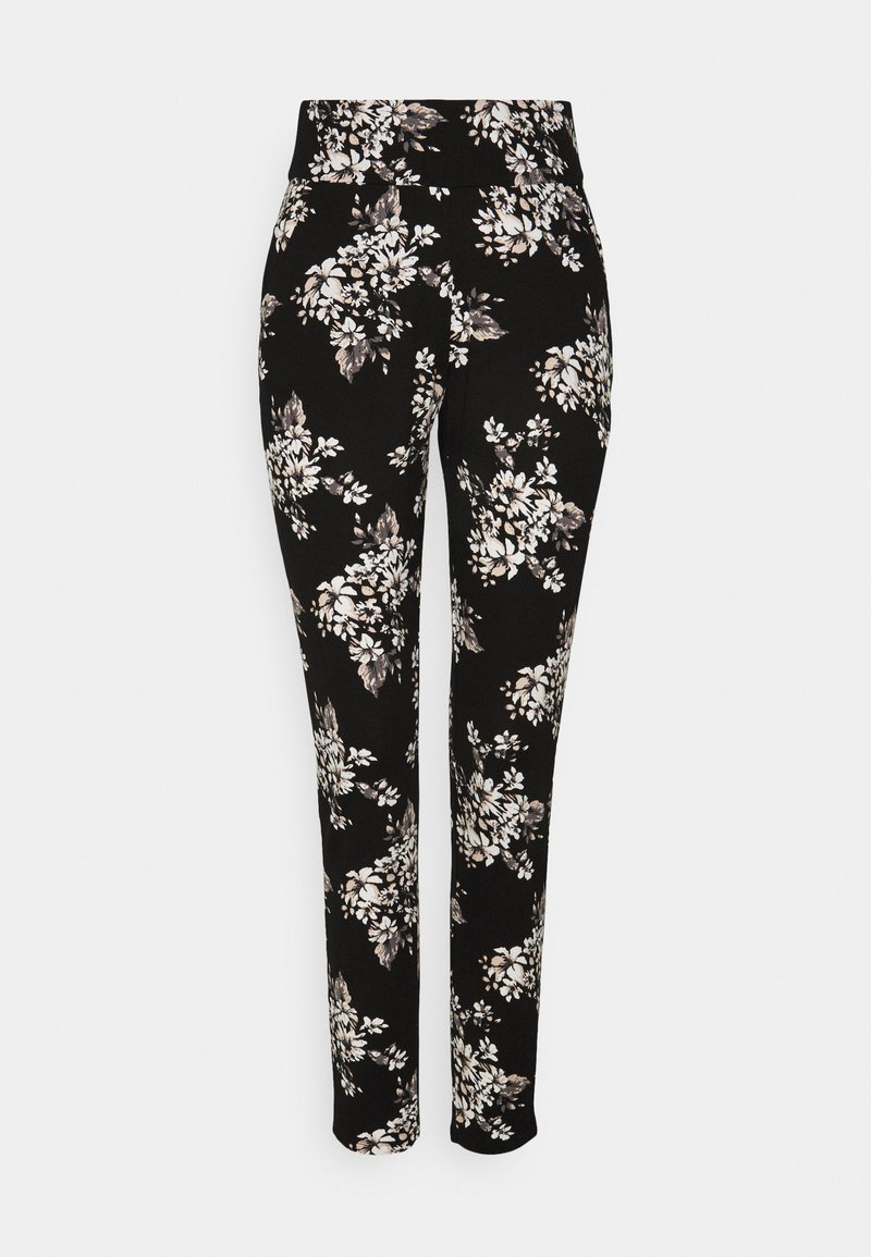 Floral print trousers in black, featuring a fitted design, stretchy fabric, and white and beige flower patterns throughout.