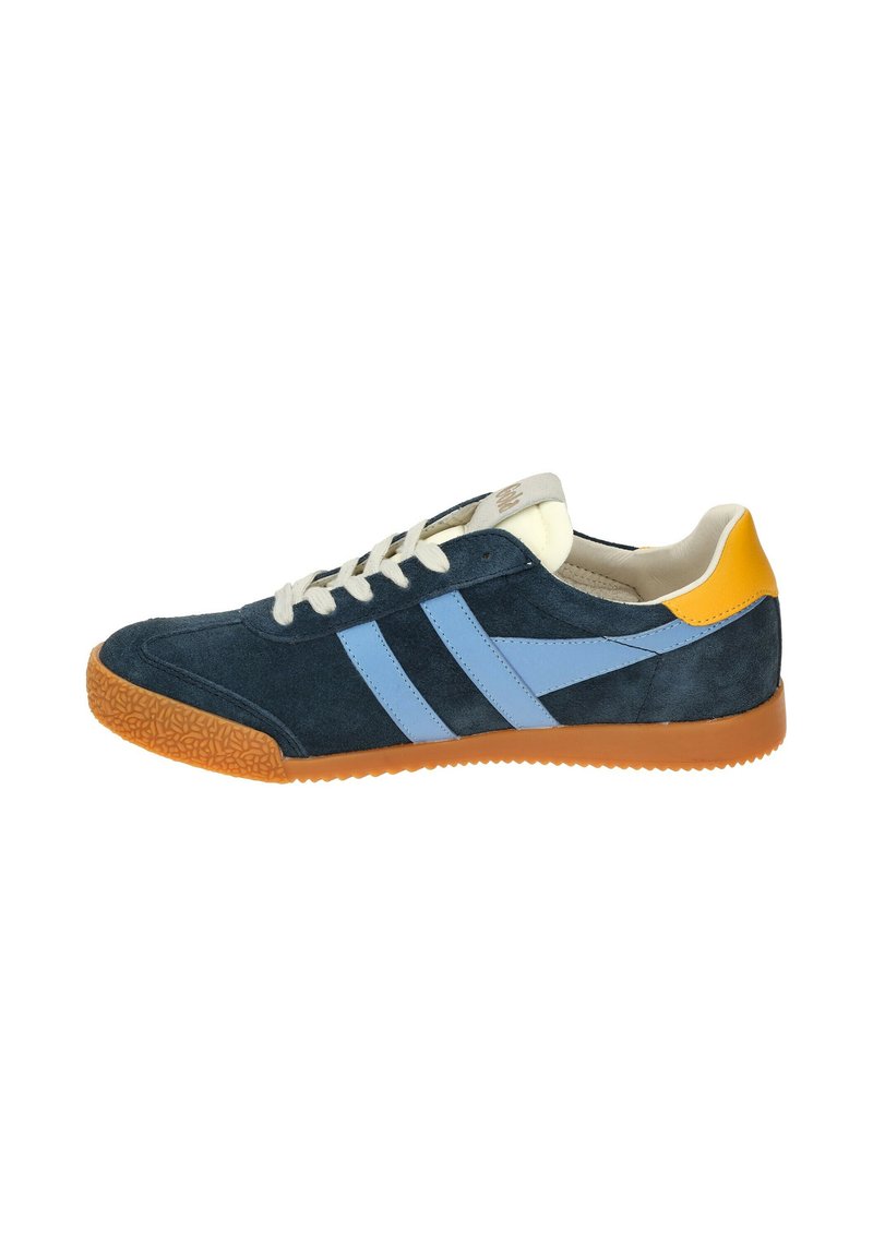 Navy suede sneaker with light blue stripes, cream laces, and a yellow heel accent. Features a textured rubber sole.
