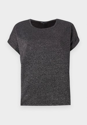 Black short-sleeve t-shirt with a round neckline, featuring a textured fabric with subtle sparkle. Relaxed fit with rolled sleeves.