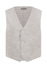 Giubbotto tessuto beige con scollatura a V, quattro bottoni, due tasche frontali e una texture liscia, ideale per abbinamenti a strati.