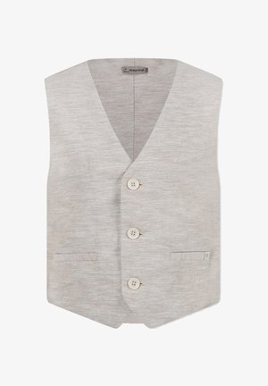 Giubbotto tessuto beige con scollatura a V, quattro bottoni, due tasche frontali e una texture liscia, ideale per abbinamenti a strati.