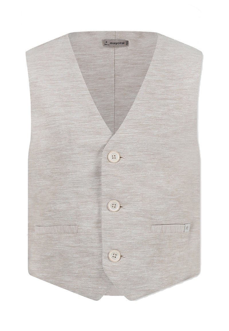 Giubbotto tessuto beige con scollatura a V, quattro bottoni, due tasche frontali e una texture liscia, ideale per abbinamenti a strati.