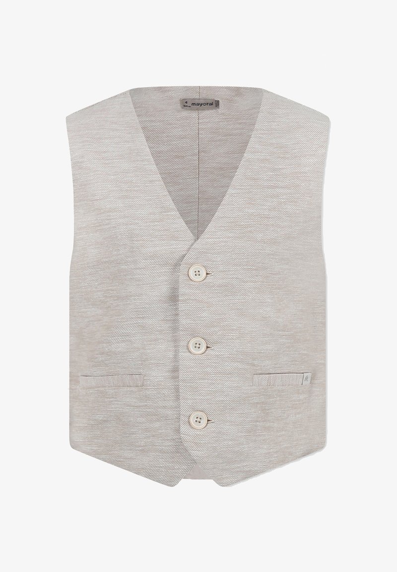 Giubbotto tessuto beige con scollatura a V, quattro bottoni, due tasche frontali e una texture liscia, ideale per abbinamenti a strati.