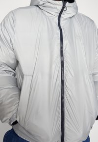 Veste matelassée argentée avec capuche, dotée d'une fermeture éclair foncée et de poignets élastiques. Texture lisse et éléments de design minimalistes.