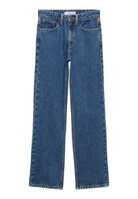 Temno modri naravnost krojeni jeans iz denim tkanine, z gumbom za zapiranje, petimi žepi in diskretnimi šivi.