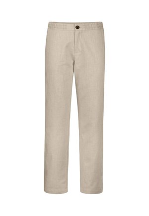 Beige rechte broek met een enkel knoopje en elastische tailleband, gemaakt van gestructureerde stof.
