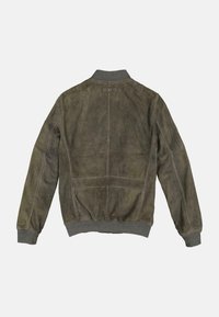 Olivgrüne Leder-Bomberjacke mit geripptem grauen Kragen und Bündchen, ausgestattet mit einer strukturierten Oberfläche und sichtbaren Nähdetails auf der Rückseite.