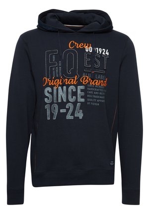 Felpa navy con grafica frontale in arancione e argento. Presenta un cappuccio con cordino, polsini e orlo a coste, con sottili accenti arancioni.