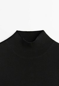 Black turtleneck sweater with a ribbed collar, featuring a soft, stretchy knit texture and a fitted design. Simple and versatile appearance.
