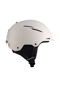 Hvid skihjelm med ventilationsåbninger, sort hagestraps og logodetalje. Glat overflade med mat finish. Letvægts- og ergonomisk design.