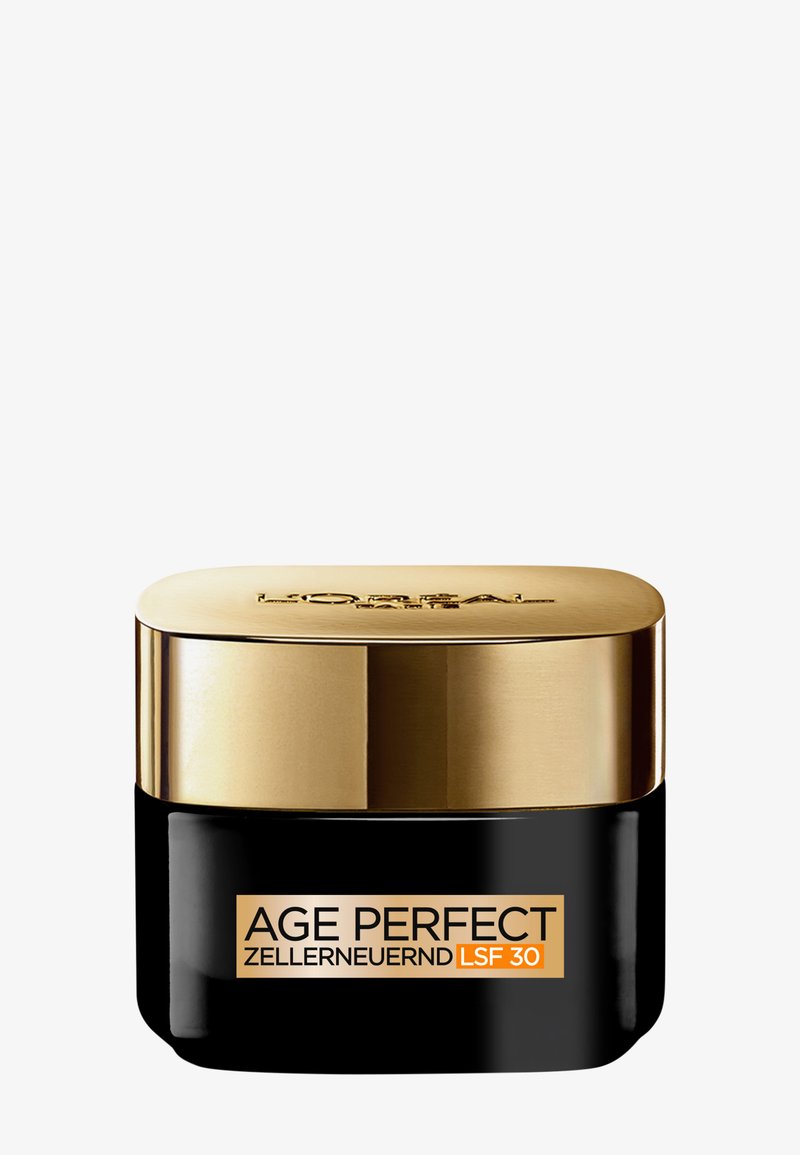 Svart krämburk med ett guldlock. Etiketten läser "AGE PERFECT ZELLERNEUERND LSF 30." Slät textur, rundade kanter och en blank finish.