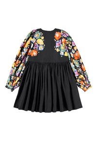 Black dress with a pleated skirt, featuring long, floral-patterned sleeves in vibrant colors. Back zip closure. Soft fabric texture.
