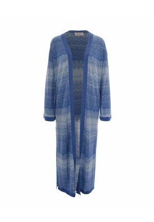 Cardigan lungo aperto sul davanti con motivo a zigzag blu e grigio chiaro e maniche lunghe.
