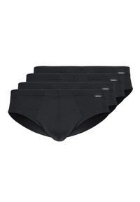 Schwarze Baumwollslips, 3er-Pack. Klassisches Design, glatte Textur und elastischer Bund mit Logo. Erhältlich in einheitlicher schwarzer Farbe.