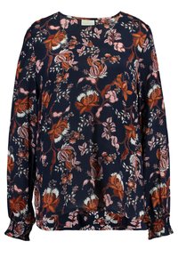 Marineblaues Langarmblusenshirt mit floralen Mustern in Orange, Pink und Weiß, runder Ausschnitten und elastischen Bündchen.