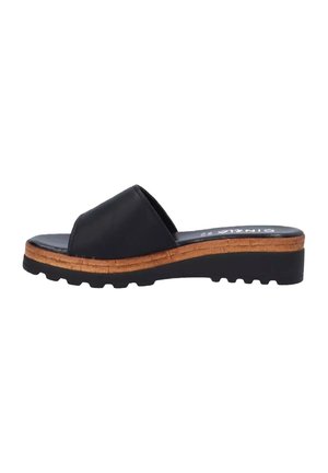 Sandalo slip-on nero con ampia fascia in pelle, intersuola in sughero e suola in gomma nera con motivo del battistrada.