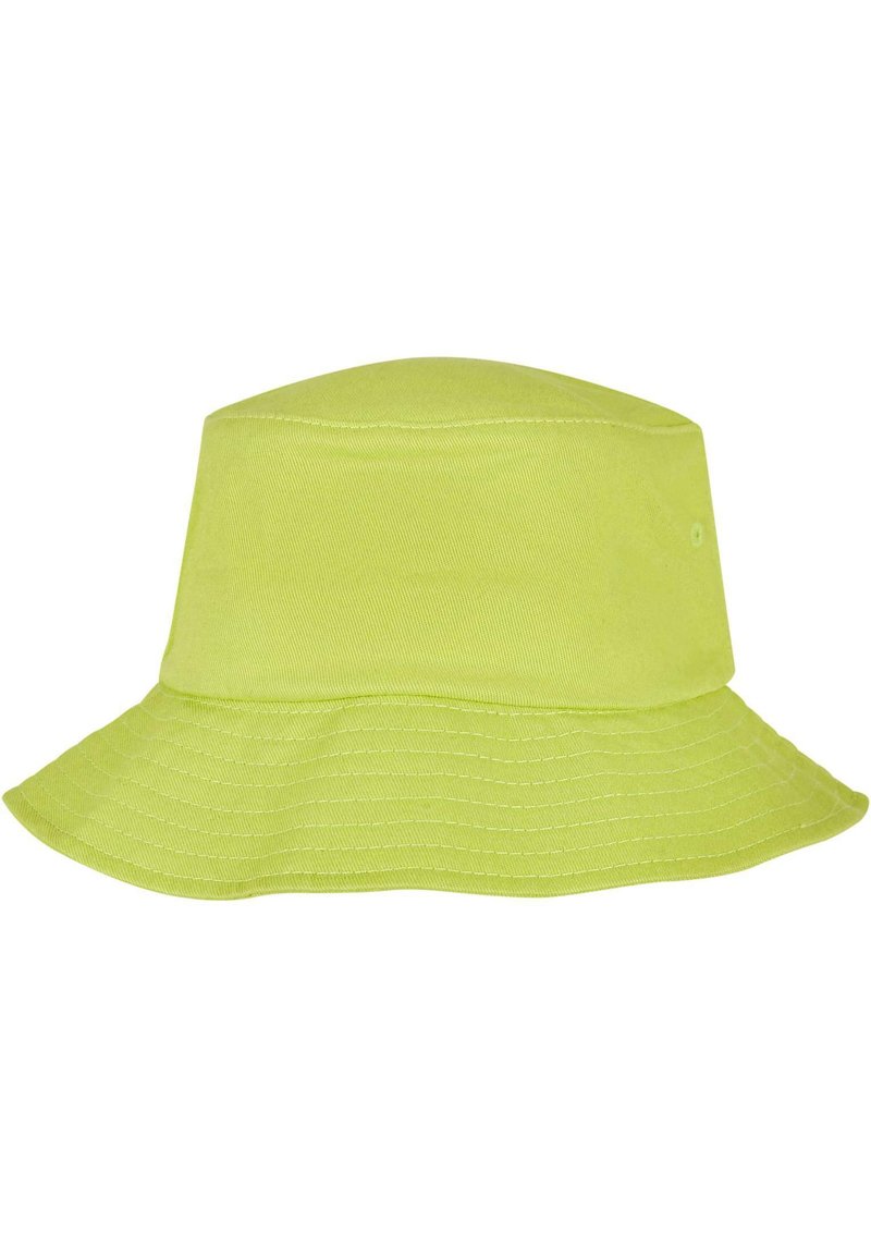 Limegrøn bucket hat lavet af stof, med en bred, syet skygge og en glat, struktureret overflade. Ingen yderligere detaljer eller udsmykninger.