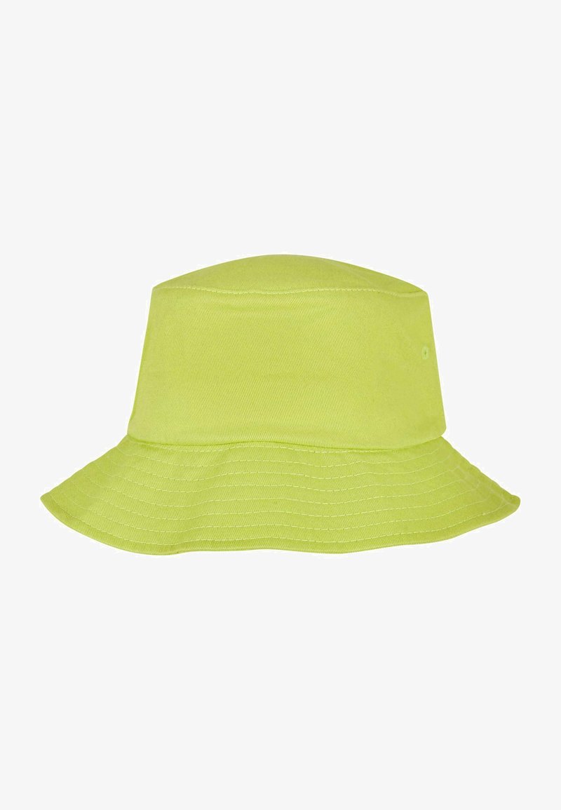 Bright lime green bucket hat made of fabric, featuring a wide, stitched brim and a smooth, textured surface. No additional details or embellishments.