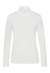 Weißes Langarm-Turtleneck-Shirt mit schlichter Gestaltung, auf einem weißen Hintergrund präsentiert.
