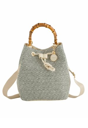 Zwart-witte emmerhandtas met ruitpatroon, bamboe handvat, beige schouderriem, trekkoordsluiting en ronde goudkleurige merkbedel.