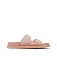 Sandale à enfiler rose avec une semelle en caoutchouc lisse, bout ouvert et tige en tissu dotée d'un design découpé pour la ventilation.