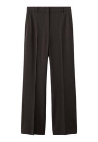 Czarne spodnie o szerokich nogawkach wykonane z gładkiej tkaniny. Posiadają przód z zakładkami i boczne kieszenie. Podstawowy pas z szlufkami na pasek.