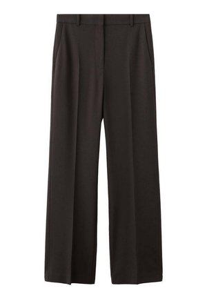 Czarne spodnie o szerokich nogawkach wykonane z gładkiej tkaniny. Posiadają przód z zakładkami i boczne kieszenie. Podstawowy pas z szlufkami na pasek.