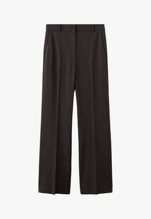 Czarne spodnie o szerokich nogawkach wykonane z gładkiej tkaniny. Posiadają przód z zakładkami i boczne kieszenie. Podstawowy pas z szlufkami na pasek.