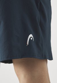 Marineblaue Sportshorts aus leichtem Material, mit einem glänzenden silbernen Logo im minimalistischen Design nahe dem Saum.