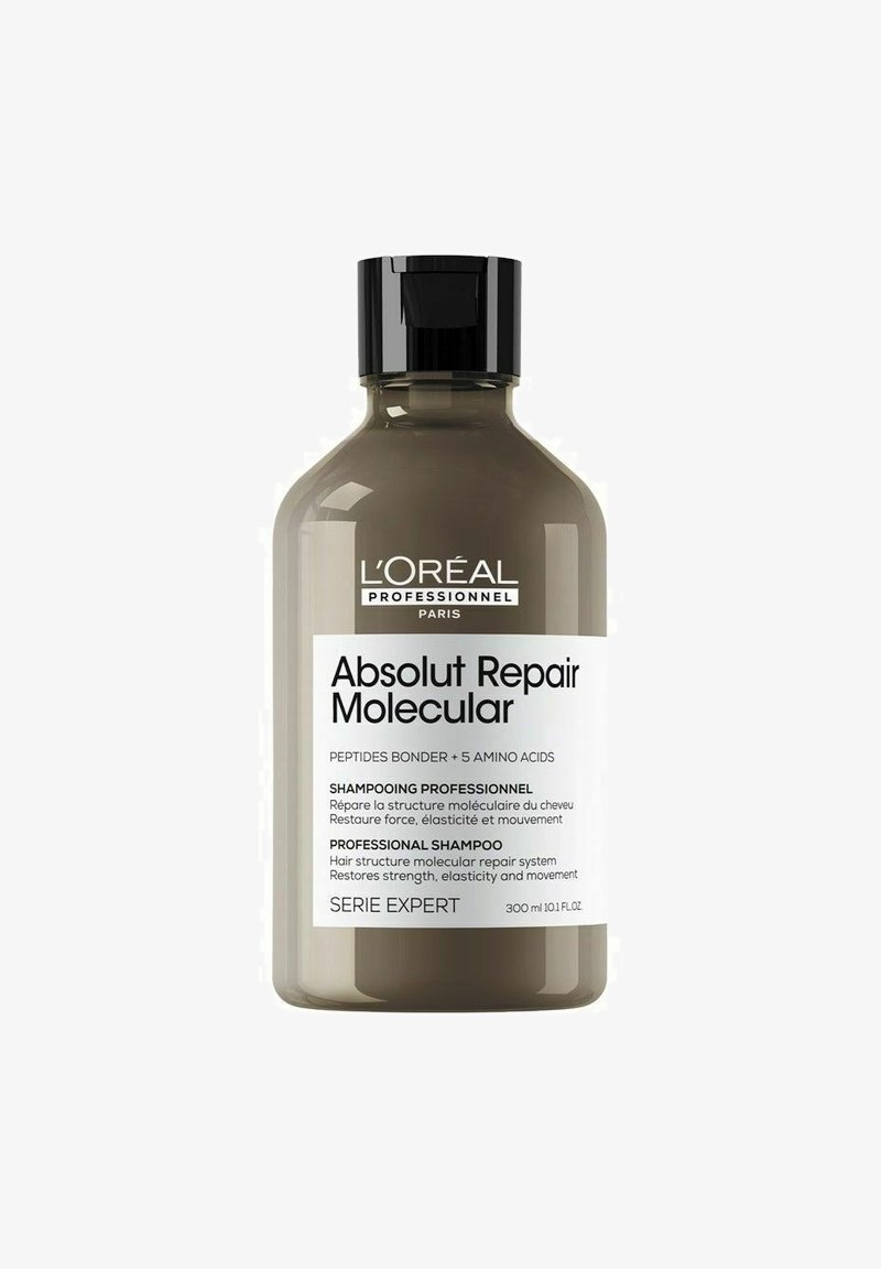 L'Oréal Absolut Repair Molecular professionel shampooflaske, 300 ml, til hårreparation med peptider og aminosyrer, genopretter styrke og elasticitet.