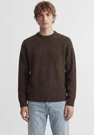 Jeune homme aux cheveux bouclés châtain clair, portant un pull en maille marron foncé et un jean bleu clair, debout sur un fond blanc.