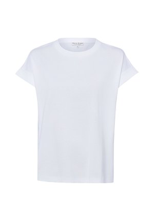 Biała koszulka z krótkim rękawem i okrągłym dekoltem, o luźnym kroju, minimalnym designie oraz małą metką z napisem "Marie Lund Copenhagen" przy szyi.