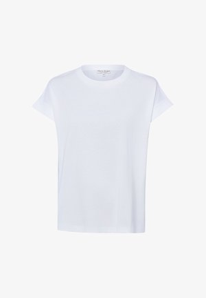 Biała koszulka z krótkim rękawem i okrągłym dekoltem, o luźnym kroju, minimalnym designie oraz małą metką z napisem "Marie Lund Copenhagen" przy szyi.