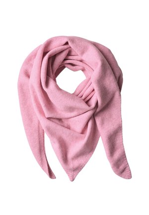 Foulard triangulaire rose doux plié avec les extrémités pendantes, sur fond blanc.
