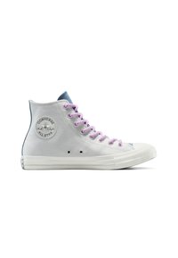 Bijela Converse All Star tenisica s visokim gornjim dijelom, ružičastim vezicama, plavim jezičkom i gumenim potplatom prikazana s bočne strane na bijeloj pozadini.