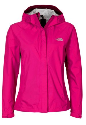 Jasnoróżowa wodoodporna kurtka z kapturem, pełnym zamkiem błyskawicznym z przodu i logo The North Face na piersi.
