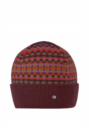 Gestrickte Mütze mit umgeschlagenem Bündchen in Weinrot, mit Zickzack- und geometrischen Mustern in Rosa, Orange, Grün und Braun.