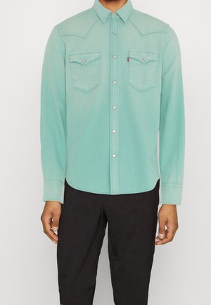 Uomo che indossa una camicia verde menta a maniche lunghe con due tasche sul petto e pantaloni neri su uno sfondo semplice.