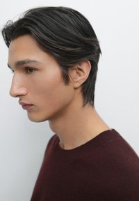 Vista laterale di una persona con capelli scuri di lunghezza media, che indossa un maglione borgogna strutturato. Lo sfondo è bianco semplice.