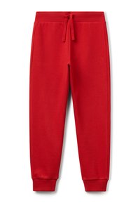 Rode fleece joggingsbroek met elastische tailleband, trekkoord, zijzakken en geribbelde boorden bij de enkels.