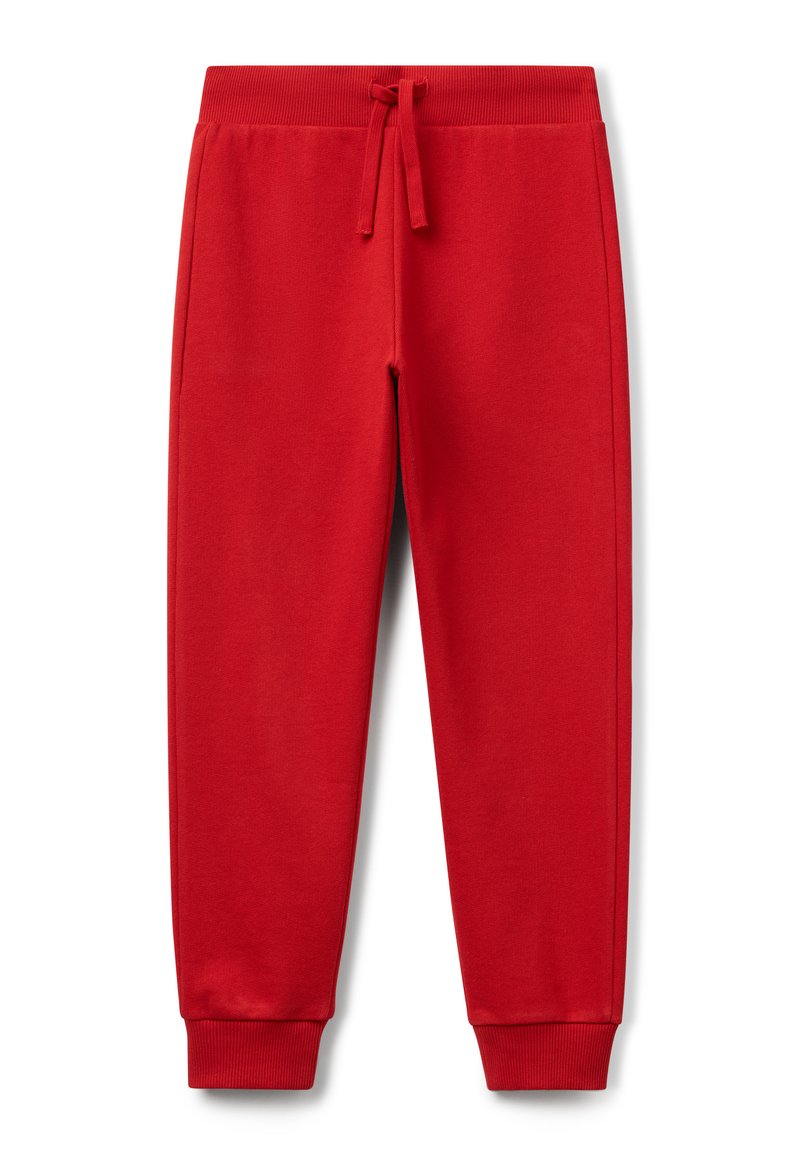 Rode fleece joggingsbroek met elastische tailleband, trekkoord, zijzakken en geribbelde boorden bij de enkels.