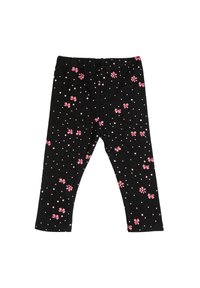 Leggings negros con cintura elástica, adornados con patrones florales en rosa y puntos blancos por toda la prenda. Tela suave y elástica.