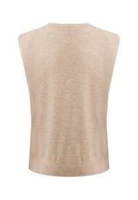 Maglione senza maniche beige con scollatura rotonda. Maglia morbida e testurizzata con orlo leggermente curvo e rifiniture a coste sui bordi.