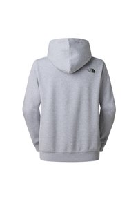 Grauer Kapuzenpullover aus weichem Stoff. Verfügt über ein kleines schwarzes Logo im oberen Rückenbereich sowie gerippte Bündchen und Saum.