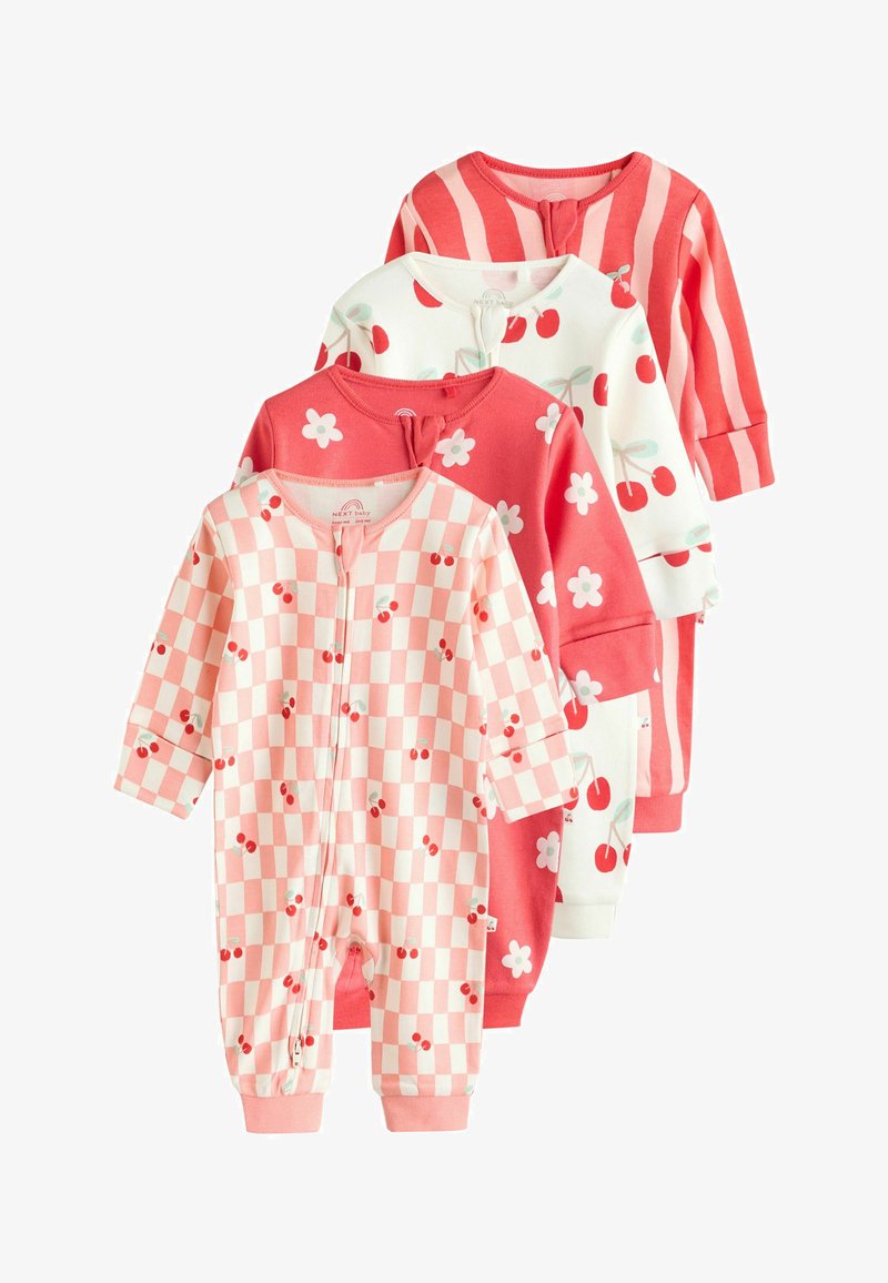 Quatre grenouillères bébé à manches longues avec des fermetures éclair, présentant des motifs rayés roses, cerises blanches, fleurs corail et cerises roses à carreaux.