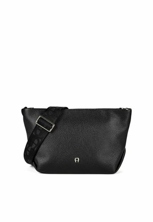 Black textured leather crossbody bag with wide adjustable strap and small silver logo on front center.