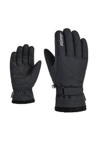 Black winter gloves made of soft textile with leather palms, elastic cuffs, and a strap for adjustment. Features a fleece lining for warmth.