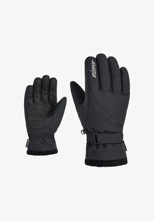 Black winter gloves made of soft textile with leather palms, elastic cuffs, and a strap for adjustment. Features a fleece lining for warmth.