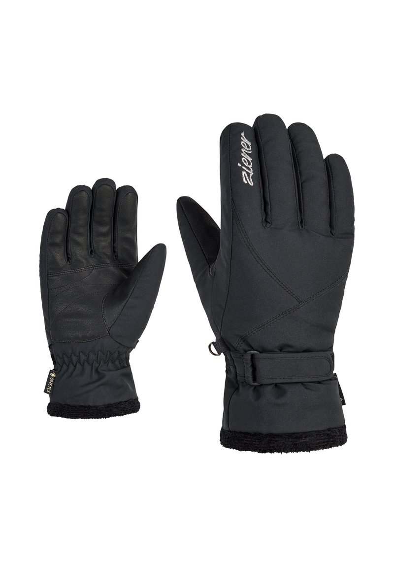 Black winter gloves made of soft textile with leather palms, elastic cuffs, and a strap for adjustment. Features a fleece lining for warmth.