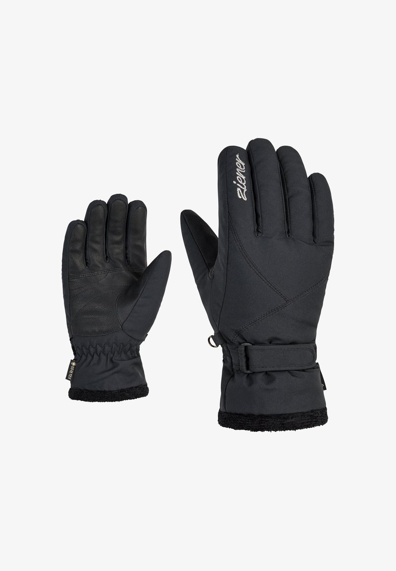 Black winter gloves made of soft textile with leather palms, elastic cuffs, and a strap for adjustment. Features a fleece lining for warmth.